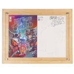 Image of the Double FLEX Frame by Crafti Comics with a light wood backing. Inside is a copy of "Eight Billion Genies."