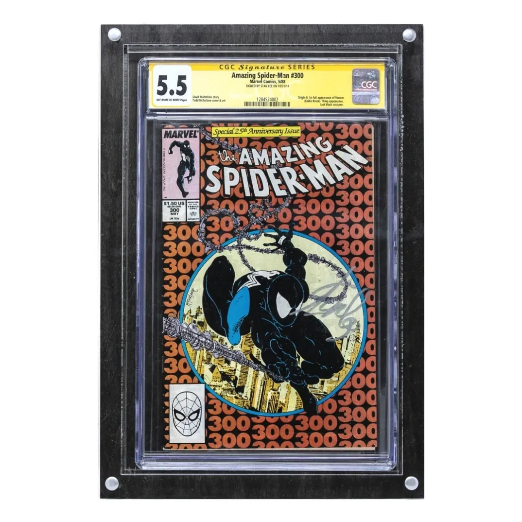 Photograph of the Crafti Comics UV-FLEX Display Case with stained backing. Frame for displaying graded comic books. 99% UV-protected, museum-quality acrylic standard. Hangs portrait or landscape with twin engraved mounting holes. Crafti's laser-cut layered designs provide depth without creating pressure.