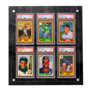 Photograph of the Crafti Comics Legacy 6-Card Frame. Backing is available as either light wood or stained wood. Frame is designed to display PSA graded sports and Pokemon cards. Museum-quality, shatter-resistant acrylic. Optional UV-protection. Hangs portrait or landscape with twin engraved mounting holes. Crafti's laser-cut layered designs provide depth without creating pressure.