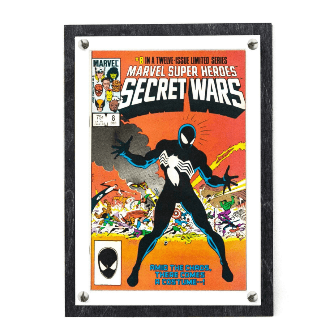 Photograph of the Crafti Comics Flex Frame for modern sized comic books with stained wood backing and white paper mat, with 99% museum-quality UV-protection available. Crafti's laser-cut layered designs provide depth without creating pressure.
